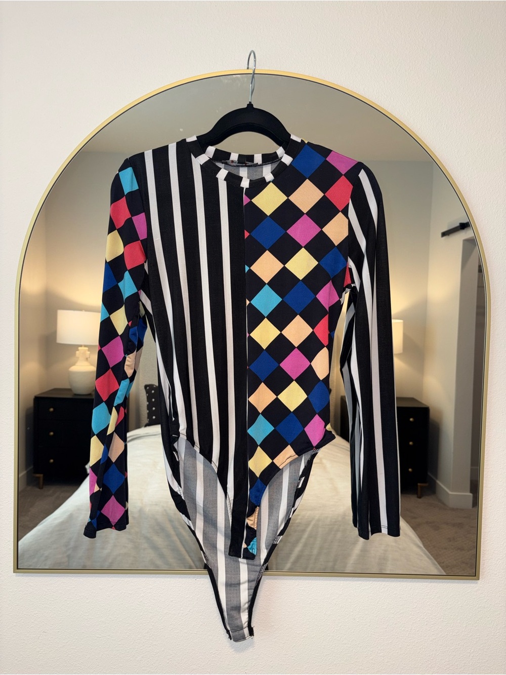 Women’s Black Multi-Color Patterned Long Sleeve Bodysuit